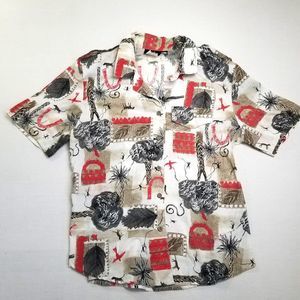 Vintage Tapestry Hawaiian Shirt Animal Print Birds Palm Tree Men’s L USA